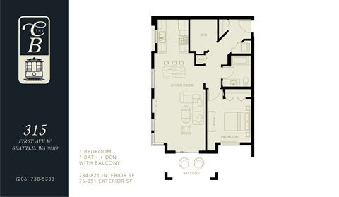 A floor plan for a 315 square foot apartment with one bedroom, one bath, and balcony.
